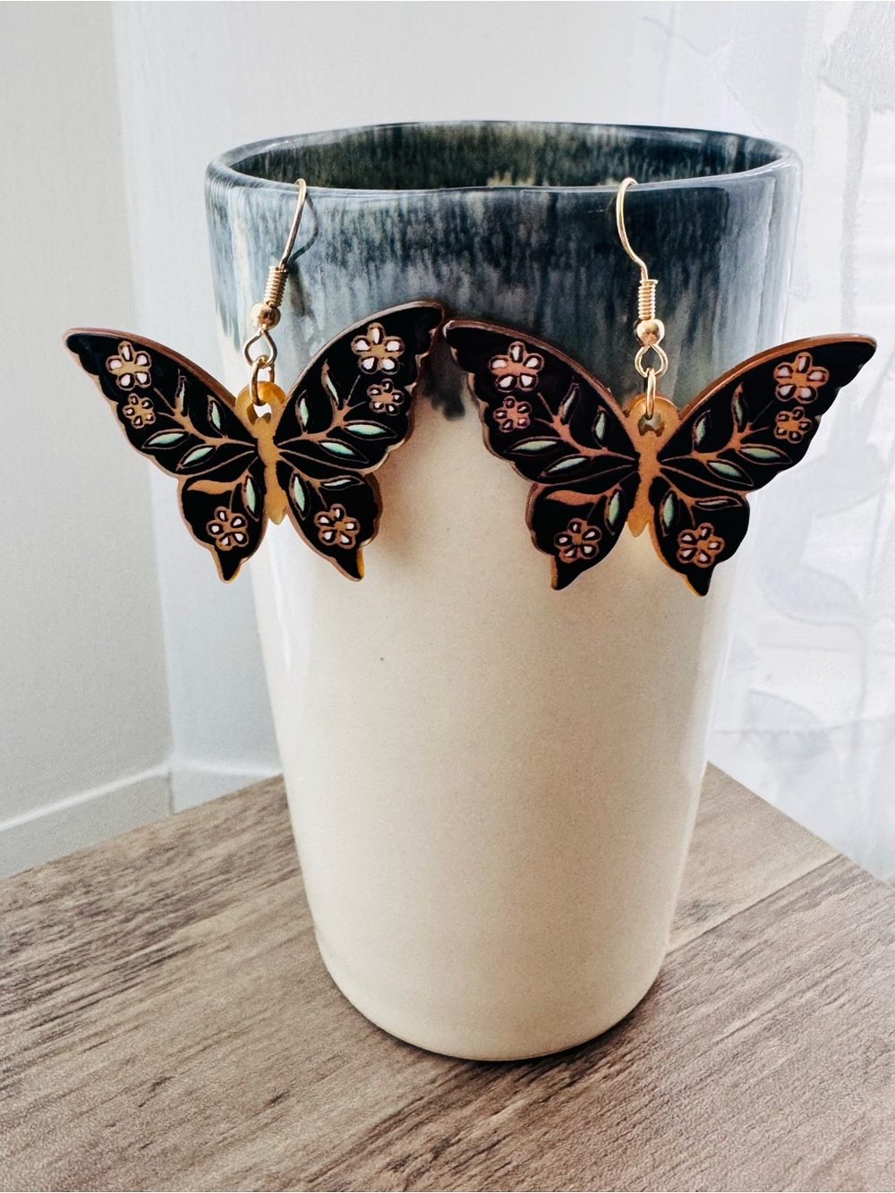 Gold and Black Acrylic Butterfly Drop Earrings back sides are gold